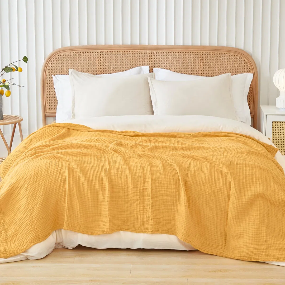 EMME Manta de Muselina de algodón tamaño Individual XL, Gasa Transpirable, Suave, Ligera, Regalos para Mujeres (Amarillo Jaspeado, 167 x 228 cm)