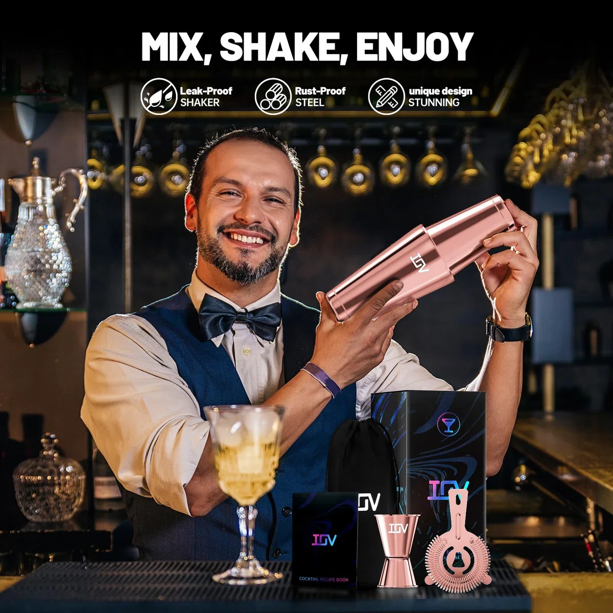 IOV Boston - Juego de coctelera para bar, juego de mezclador de bebidas con agitadores Boston de 18 y 28 onzas, colador Hawthorne, medidor doble, kit de herramientas de barra y folleto de recetas, oro