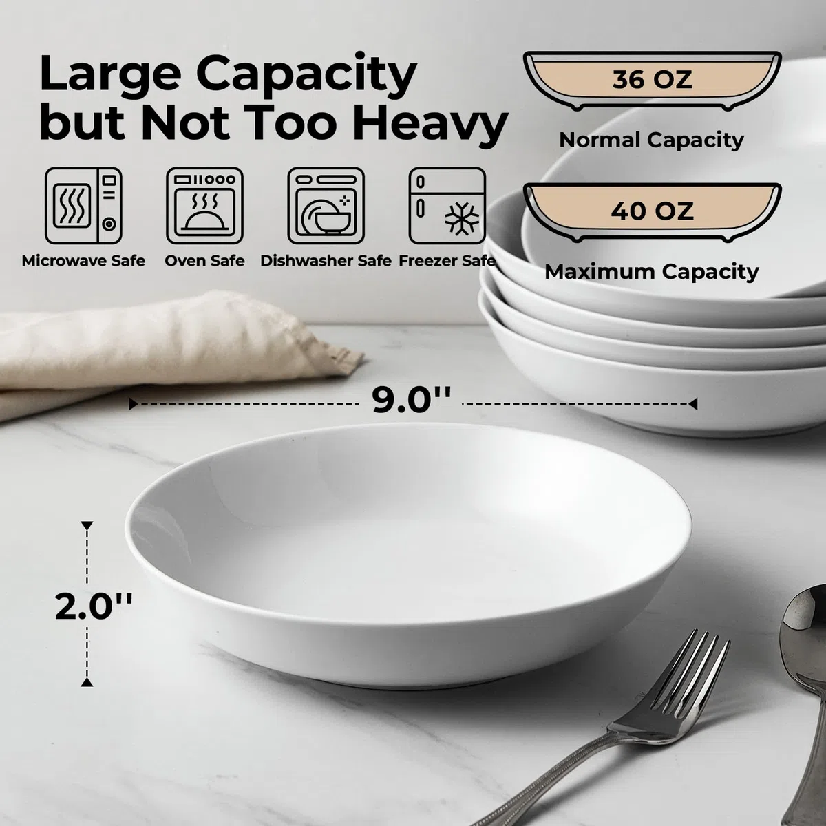Y YHY Cuencos de Pasta Set de 6, 23,6 x 4,8 cm Plato Hondo Sopa de Porcelana, Fuente Ensaladera Grande, Platos Llanos, Cuencos Cocina Apto para Lavavajillas, Microondas y Horno-1180 ml, Blanco