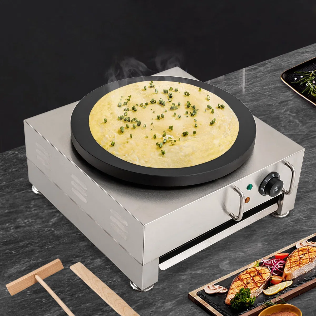 2800 W, 40 cm de diámetro, máquina para crepes con carcasa de acero inoxidable, placa antiadherente y control de temperatura, adecuada para uso doméstico y comercial