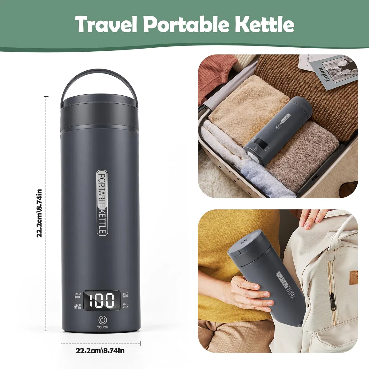 Hervidor eléctrico portátil de viaje, 450 ml, hervidor de agua caliente de viaje, té de café, apagado automático y protección en seco con acero inoxidable 316, 4 reguladores de temperatura (Gris)