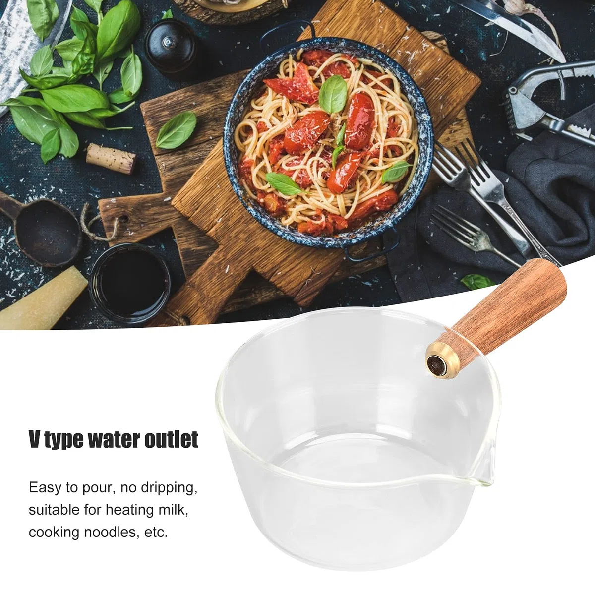 Ejoyous Cacerola para leche de cristal con mango de madera, cacerola, cacerola, cacerola para pasta con pico en V, cacerola para leche, sopa, pasta, huevos, arroz (400 ml)
