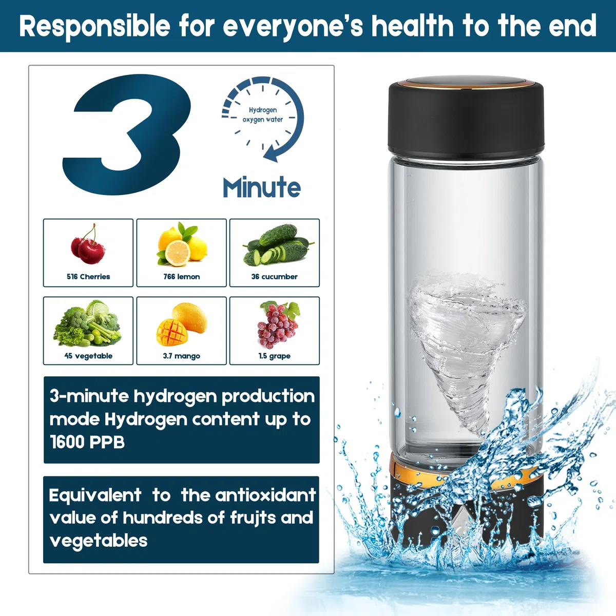 N.P Botella de agua de hidrógeno con tecnología PEM y SPE, hasta 1500 ppb, generador de agua de hidrógeno portátil, nueva tecnología ionizador de agua de vidrio