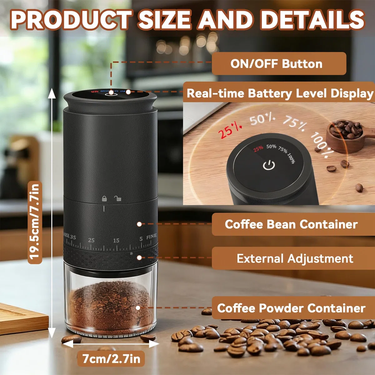 Molino de Café Eléctrico Portátil, Molinillo de Café con Muelas Cónicas de Cerámica, 2000mAH Recargable USB, Ideal para Hogar, Oficina, Campamento y Viajes (negro, L)