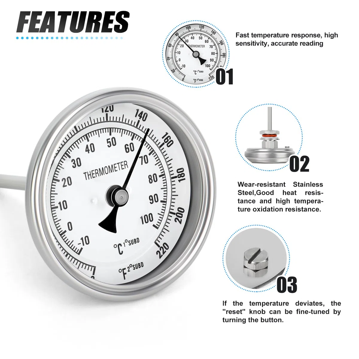 MEANLIN MEASURE 1/2" BSP Termómetro bimetálico para agua caliente,calderas y tuberías,esfera de 3.3",vástago de acero inoxidable de 3",rango de temperatura de -10 a 100℃/0 a 220℉, precisión del 2%