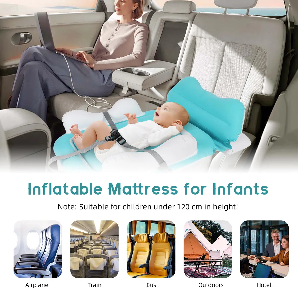 Cama de avión para niños pequeños, avión de bebé, portátil, inflable, cama de viaje para niños, con bomba de mano y lados altos para asiento de vuelo, coche, tren