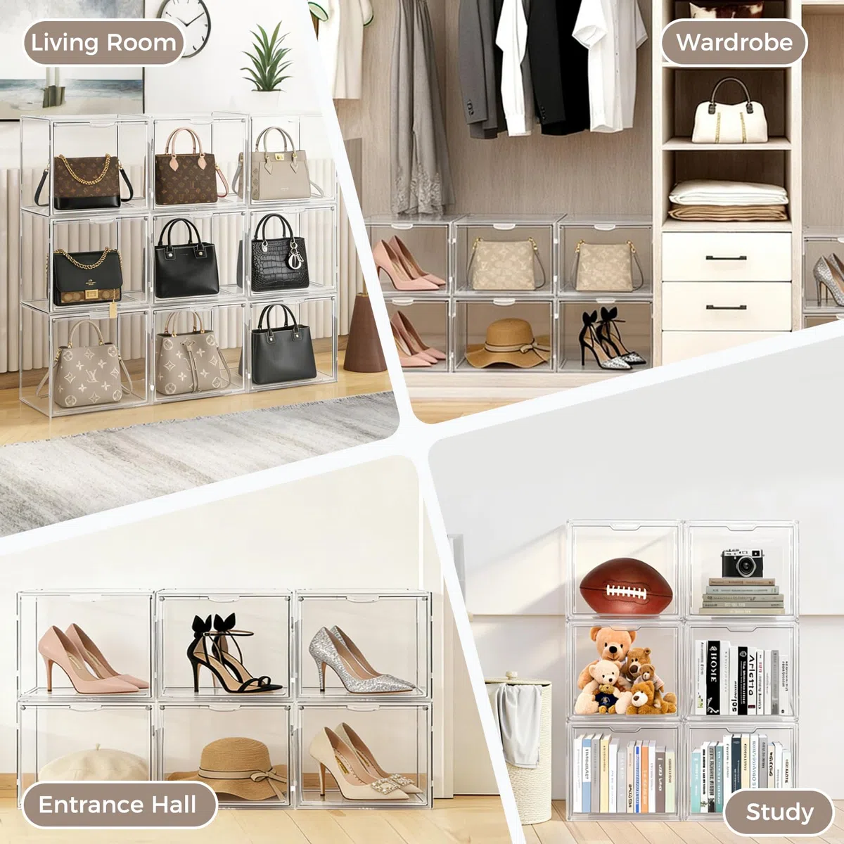 Organizadores transparentes de almacenamiento de bolsos para armario, 9 paquetes de plástico acrílico para bolsos, zapatos, juguetes, vitrina de exhibición de juguetes, bolsa apilable de lujo