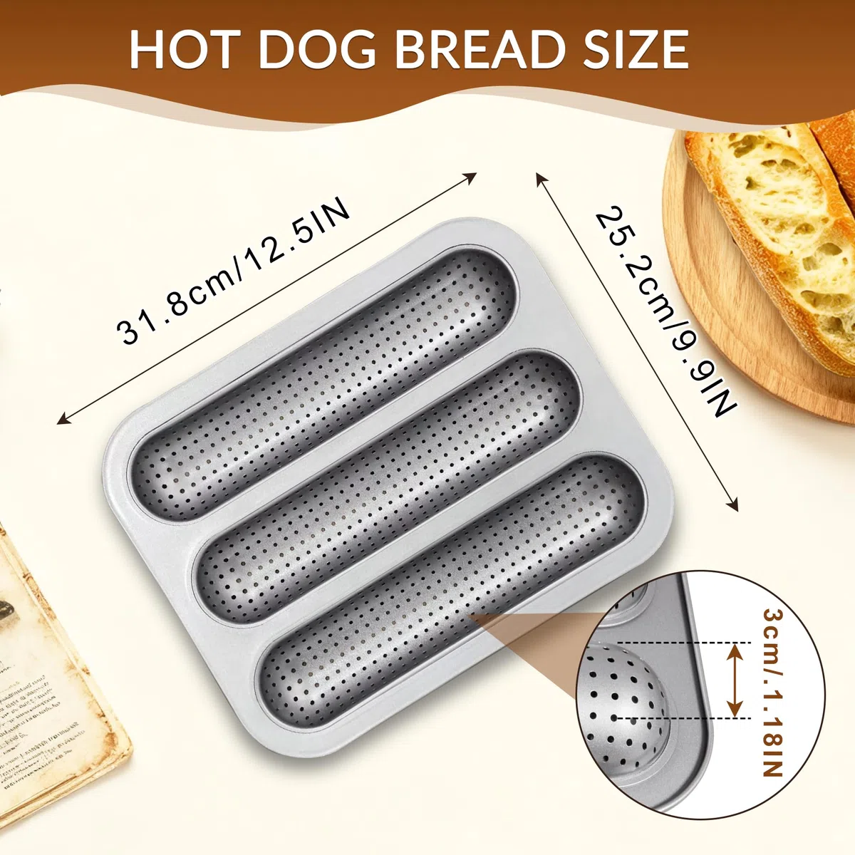 Molde para panecillos de punto caliente, molde perforado de acero al carbono, bandeja antiadherente para hornear bollos de perro caliente, mini bandeja para hornear sándwich de baguette para