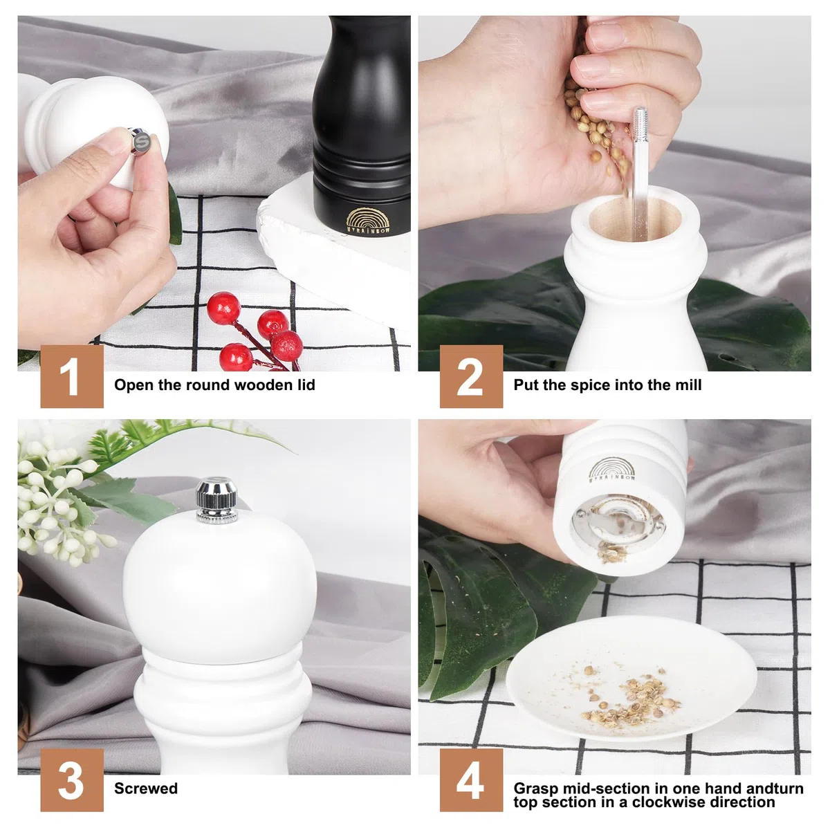 MYRAINBOW Juego de molinillos de sal y pimienta – Molinillos de madera ajustables, molinillos de sal y pimienta blancos y negros, salero y pimentero recargable con grosor ajustable, 7 pulgadas para