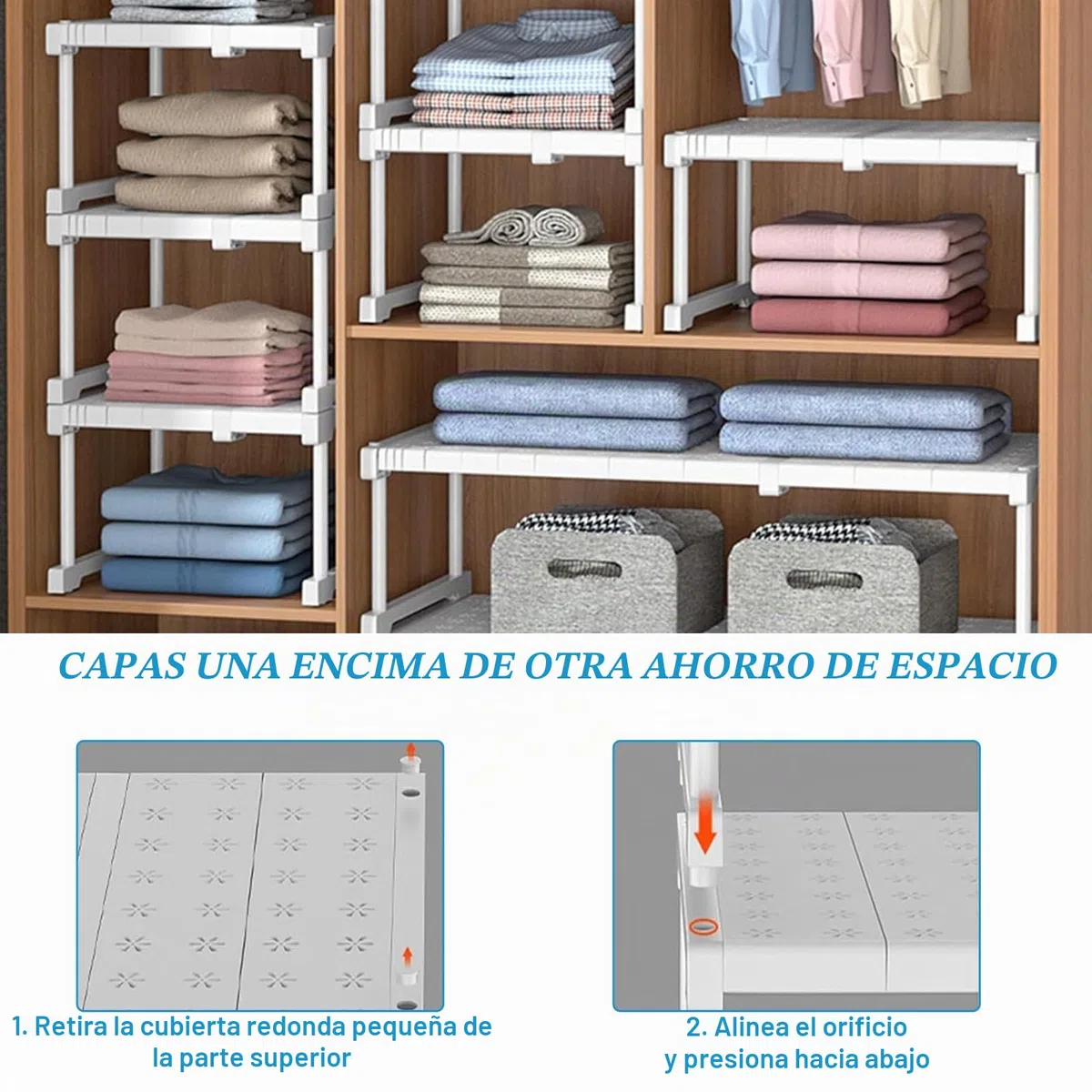 Organizador de armario apilable - Sistema de estantes ajustable sin necesidad de taladrar - Estructura metálica blanca para armario y cocina - Almacenamiento que ahorra espacio para baño y