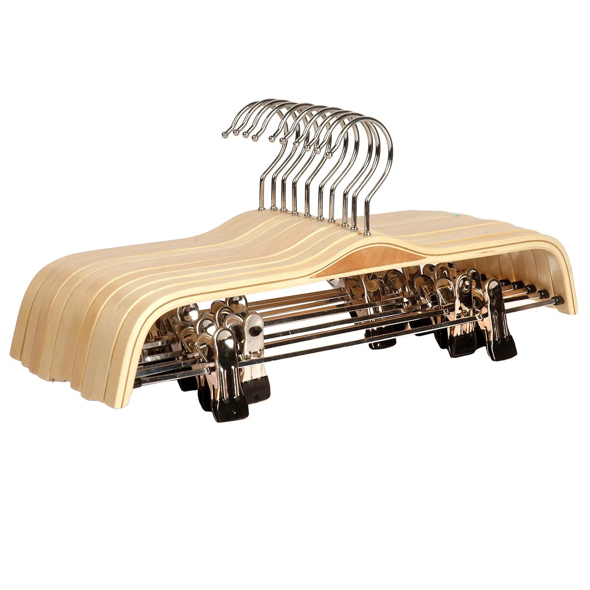 Percha de Madera Natural para Pantalones con 2 Clips antioxidantes Ajustables. 10 Unidades