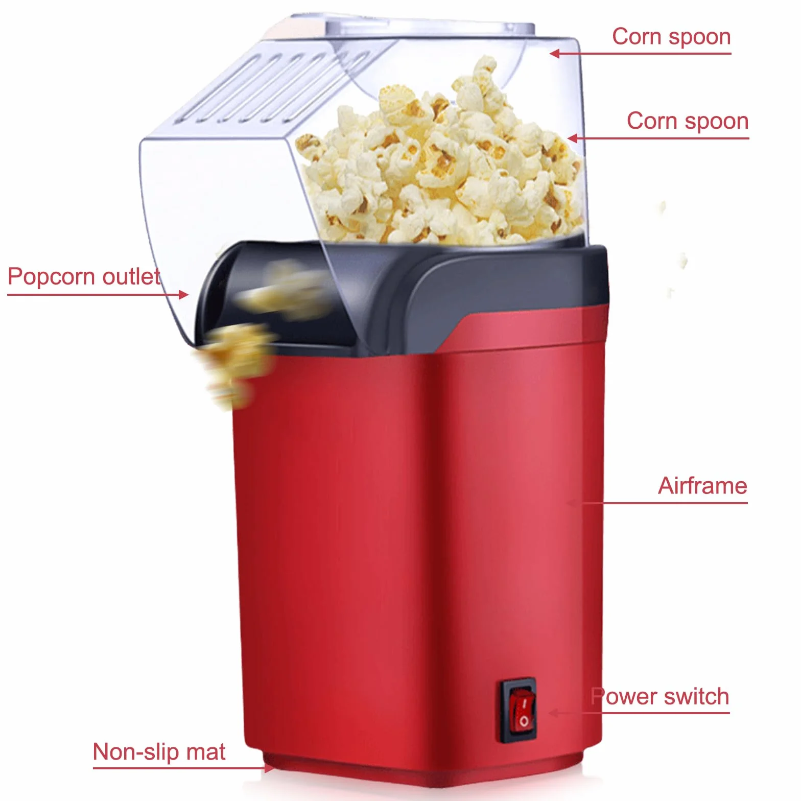Máquina de palomitas de maíz de aire caliente de 1200 W sin aceite ni grasa, fabricante eléctrico rápido en 3 minutos, operación de un botón compacto con cuchara de medición ideal para casa y fiestas