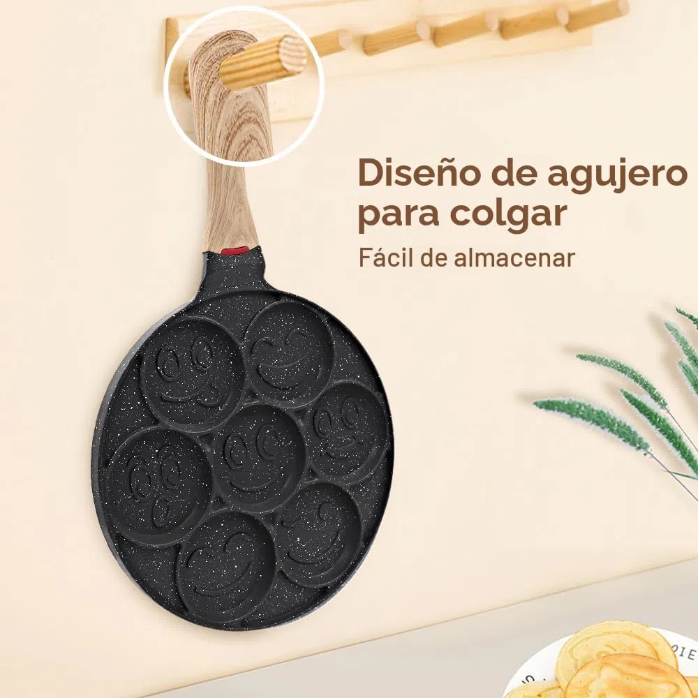 Sarten para Tortitas Smiley, Molde Tortitas Antiadherente 7 Agujeros Sartén para Crepés de Desayuno para Niños 26 cm - Negro