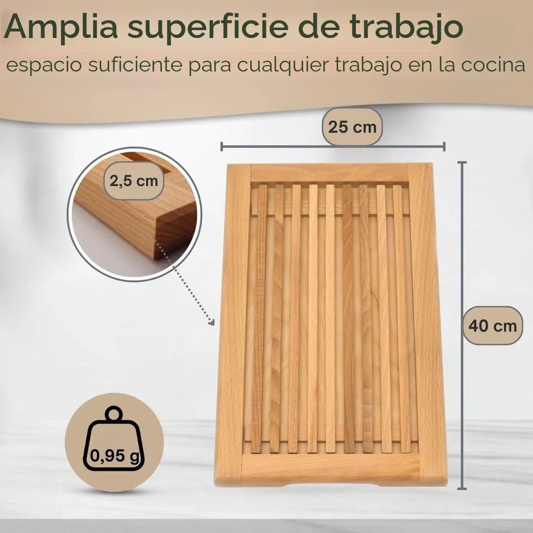 Tabla de cortar pan fabricada en la UE con rejilla para migas y asas de madera de haya aceitada, 40 x 25 cm, tabla de cortar pan, baguettes y panecillos, tabla de servir – aceitada y sostenible