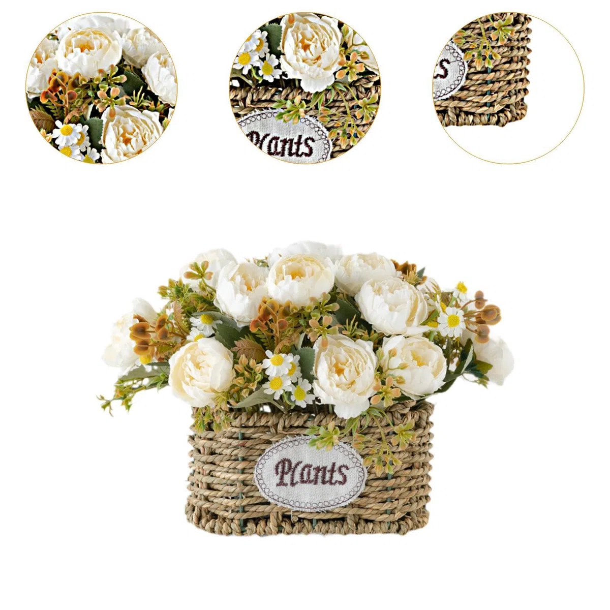 MagiDeal Flores Artificiales con Cesta, Centro de Mesa, Decoración del Hogar, Regalo, Suministros para Fiestas, Adorno, Decoración de Escritorio para Bodas Y O, Blanco