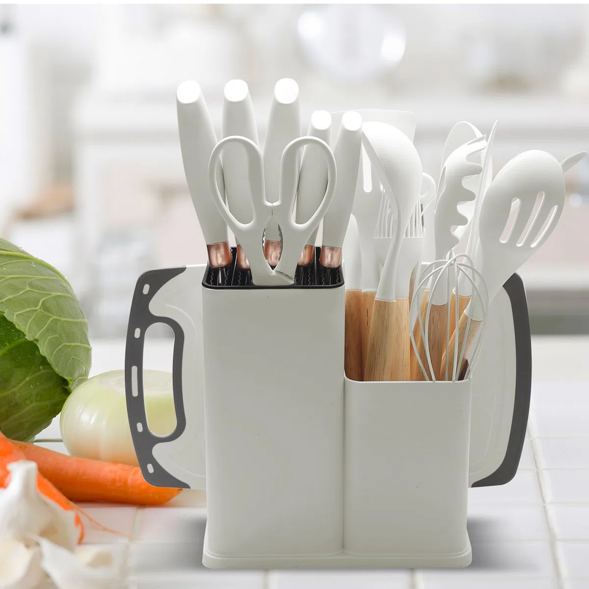 Juego de cuchillos de cocina 19 piezas con utensilios de cocina de silicona 5 cuchillos 12 accesorios antiadherentes 1 tijera tabla de cortar y soporte para ollas antiadherentes (Blanco)
