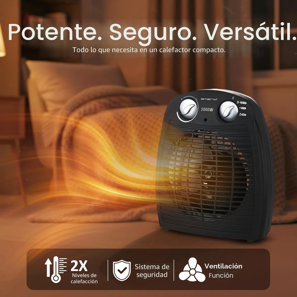 Emerio FH-106737.2 - Pequeño termoventilador compacto para 20 m², 2 potencias de calefacción + función de ventilador, termostato ajustable, interruptor de seguridad, asa, 2000 W