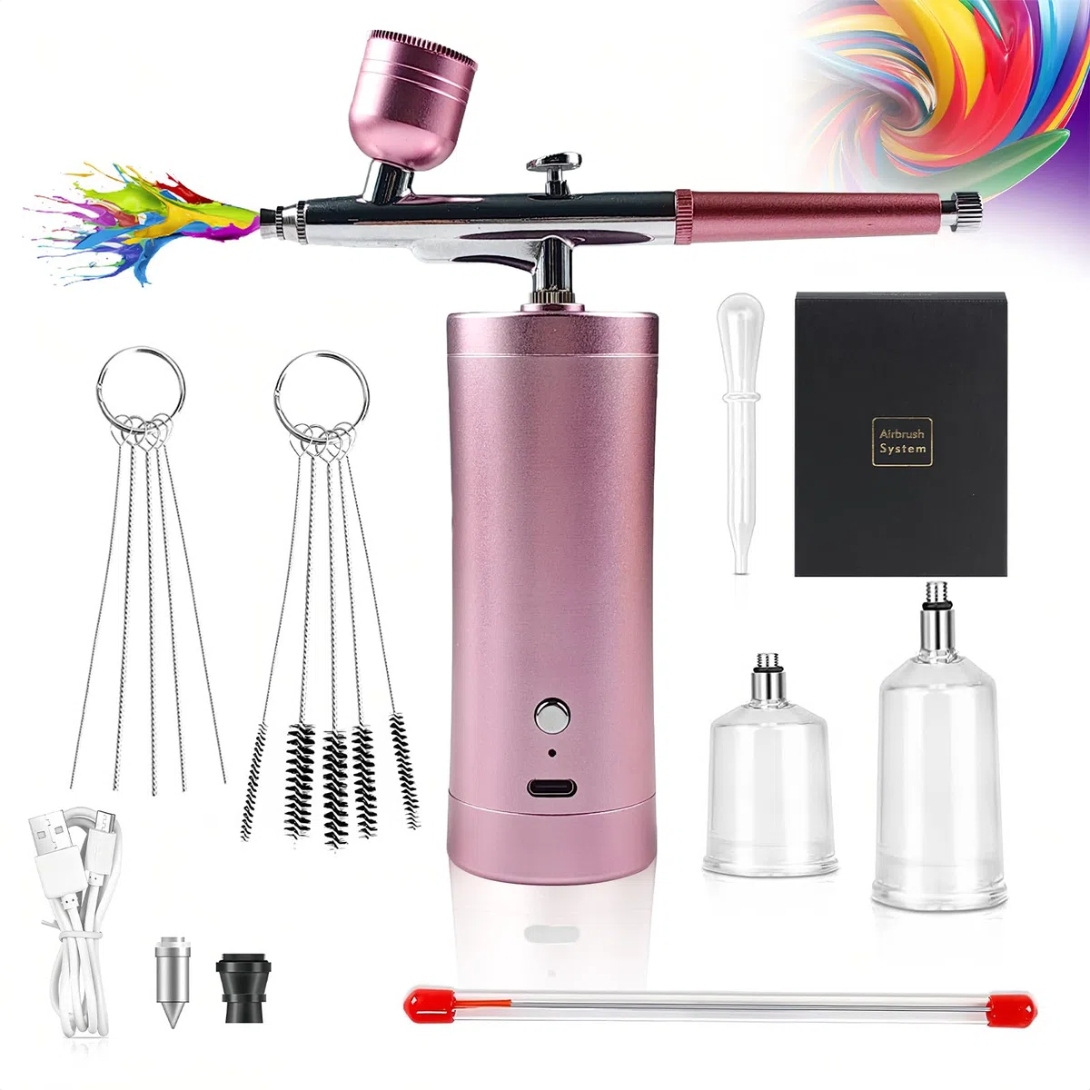 Kit de Aerografo con Compresor, Aerógrafo Portátil Inalámbrico Recargable, Multifunción Airbrush Kit, Aerografo para Uñas, Modelismo, Maquillaje, Decoración Pasteles (Rosa)