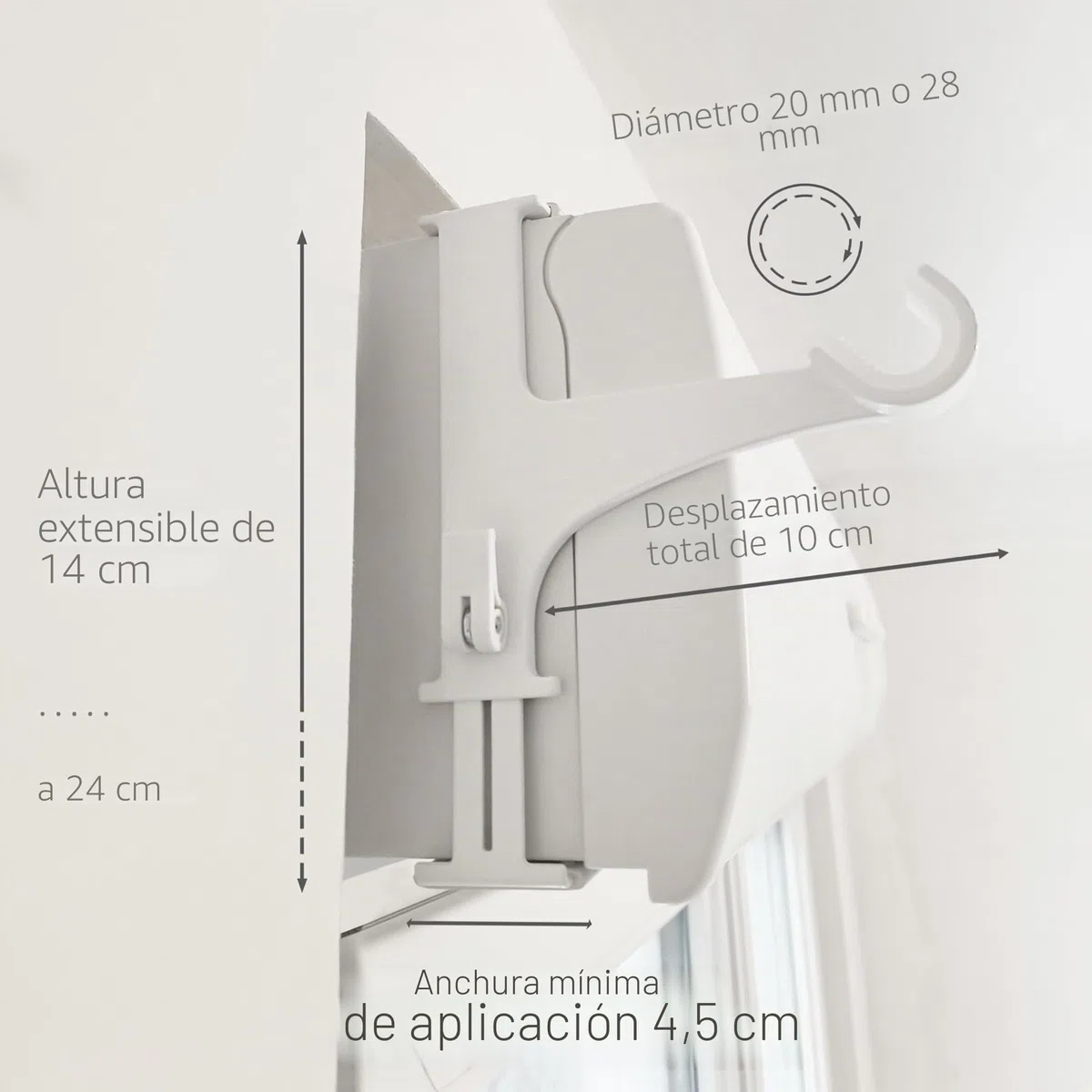 Juego de 2 soportes para varillas de cortina, sin perforación y con adhesión, fijación para cajón de persianas, 14-24 cm, D20-28 mm, blanco, calidad francesa