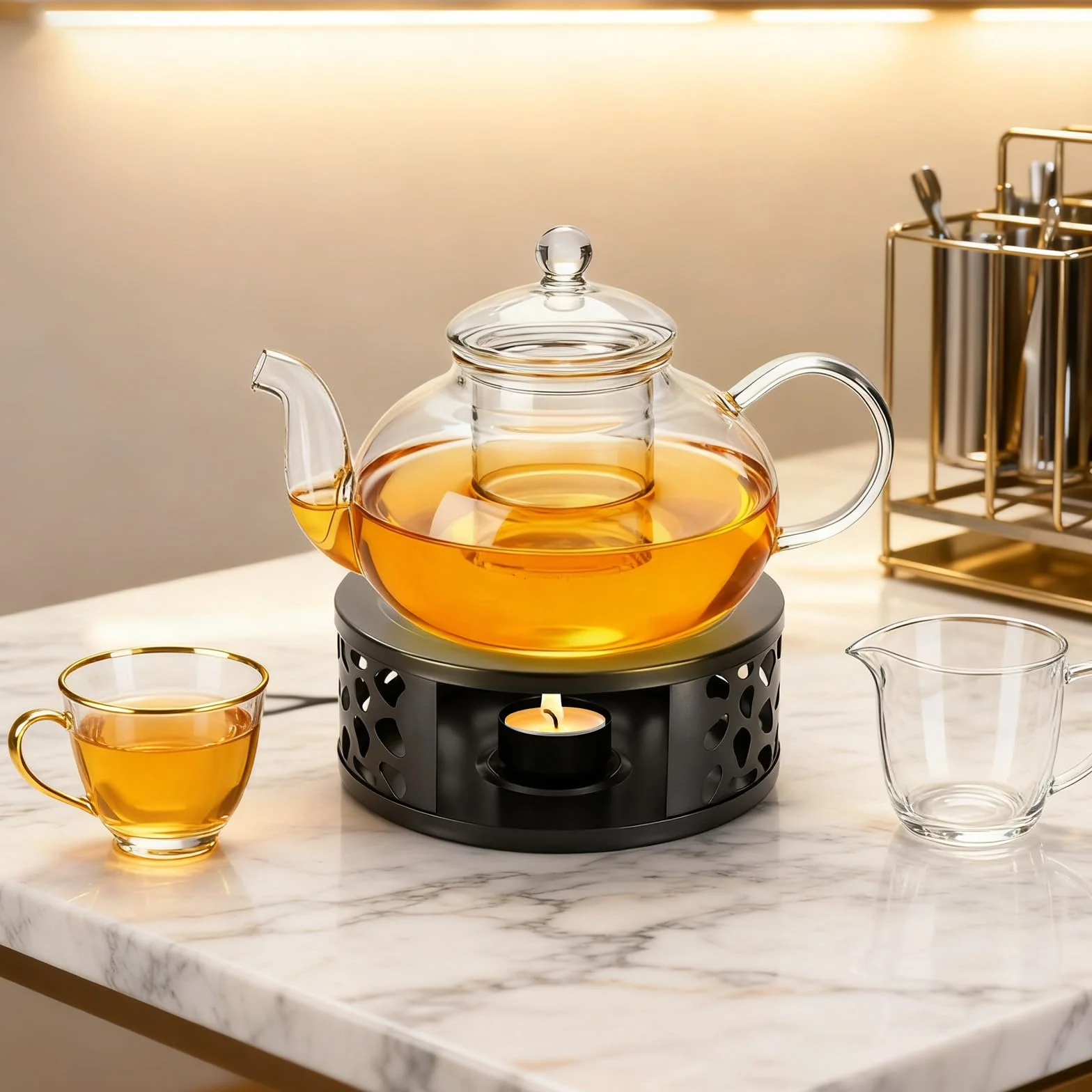 Tetera de cristal de 1000 ml con calentador negro de acero inoxidable, tetera de cristal con colador de cristal y tapa, ideal para preparar té suelto, adecuada para el hogar y la oficina