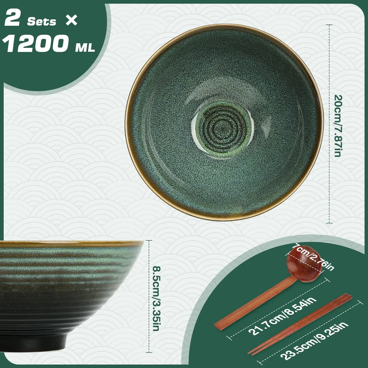 Juego de 2 Cuenco de Ramen, Ramen Bowl de Cerámica de 1200 ml con Palillos y Cucharas, Bol Ramen Japonés, Tazón Ramen De Cerámica, Ensaladeras, Tazones de Sopa de Porcelana