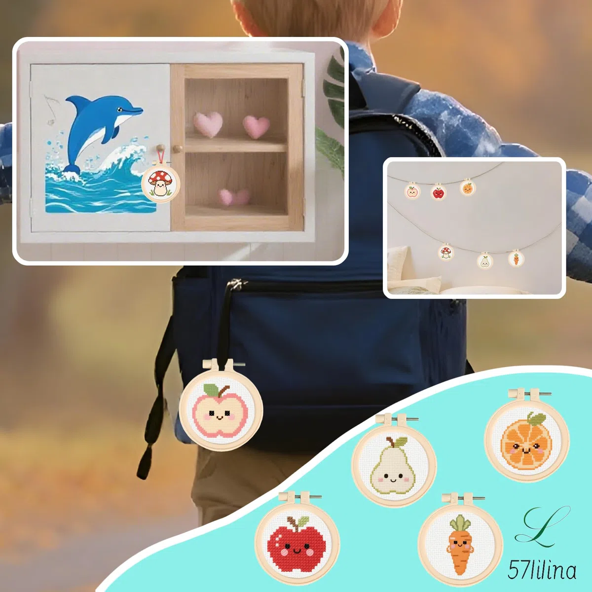 57lilina Kit Punto de Cruz Niños Completo con Hilos y Tela Impresa, 6 Set | Cross Stitch Embroidery Bordado Niños Principiantes Inicio Fáciles, Manualidades Originales Divertidos DIY para Regalo Niñas