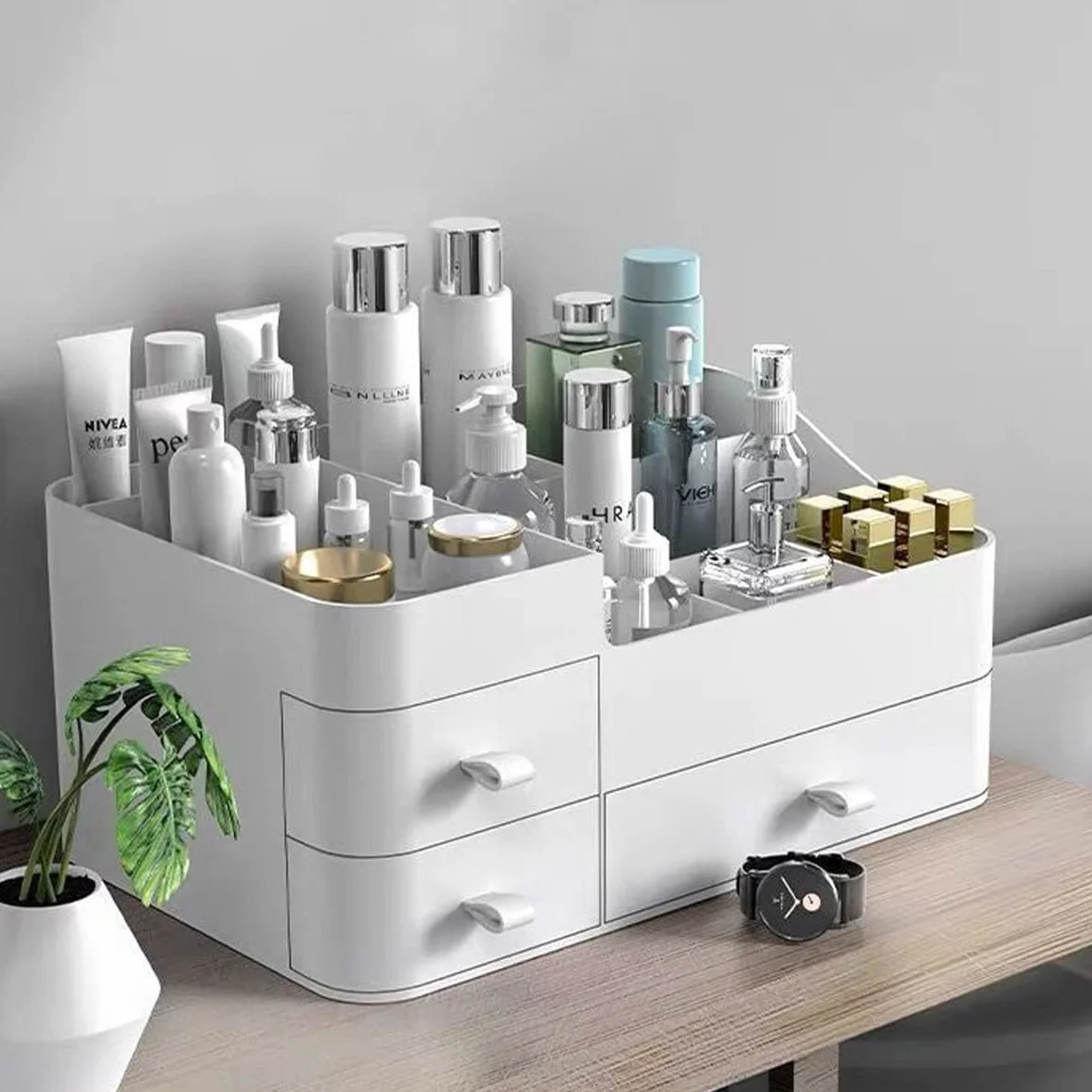 Queta Blanco Organizador de Maquillaje, se Adapta a Joyas, cepillos, Barras de Labios y cremas, Almacenamiento de Cosméticos con con 3 cajones y 8 cuadrículas