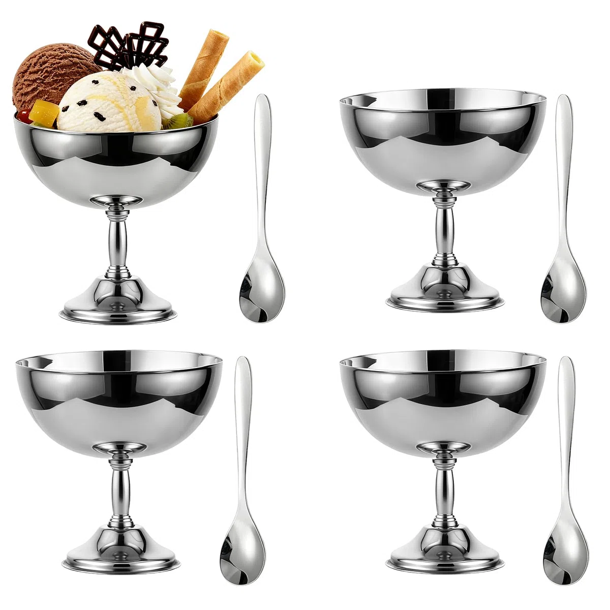 Tissting 4 Tazas Helado Acero Inoxidable 11cm Cuencos Postre Patas Retro | Ensalada Pudín Servir Fiestas Bodas Cocinas Platos Decorativos