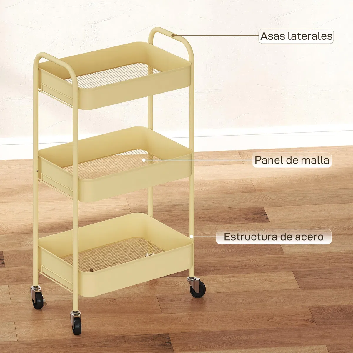HOMCOM Carrito Auxiliar con Ruedas de 3 Niveles, Carrito de Cocina con 3 Cestas y 2 Asas, para Baño, Dormitorio, Oficina, 45x30,6x79 cm, Amarillo