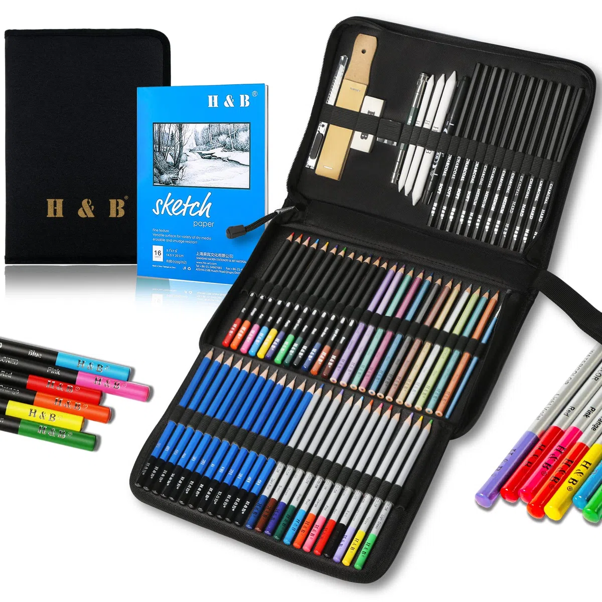 H & B Lápices y bloc de dibujo 72 piezas, juego de lápices de colorear de artista, kit completo que incluye lápices de grafito y lápices de dibujo