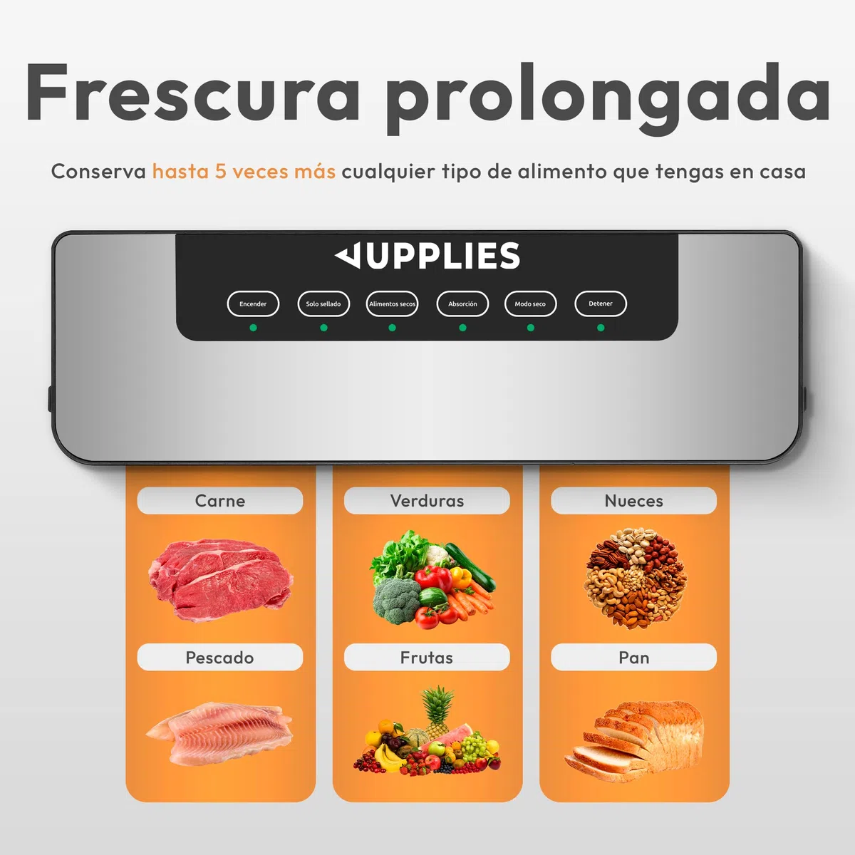 JUPPLIES Envasadora al Vacio Domestica - Selladora de Alimentos Profesional con Potente Succión 80 Kpa y 5 Modos - Máquina de Conservación de Alimentos Frescos (Envasadora + 50 Bolsas)