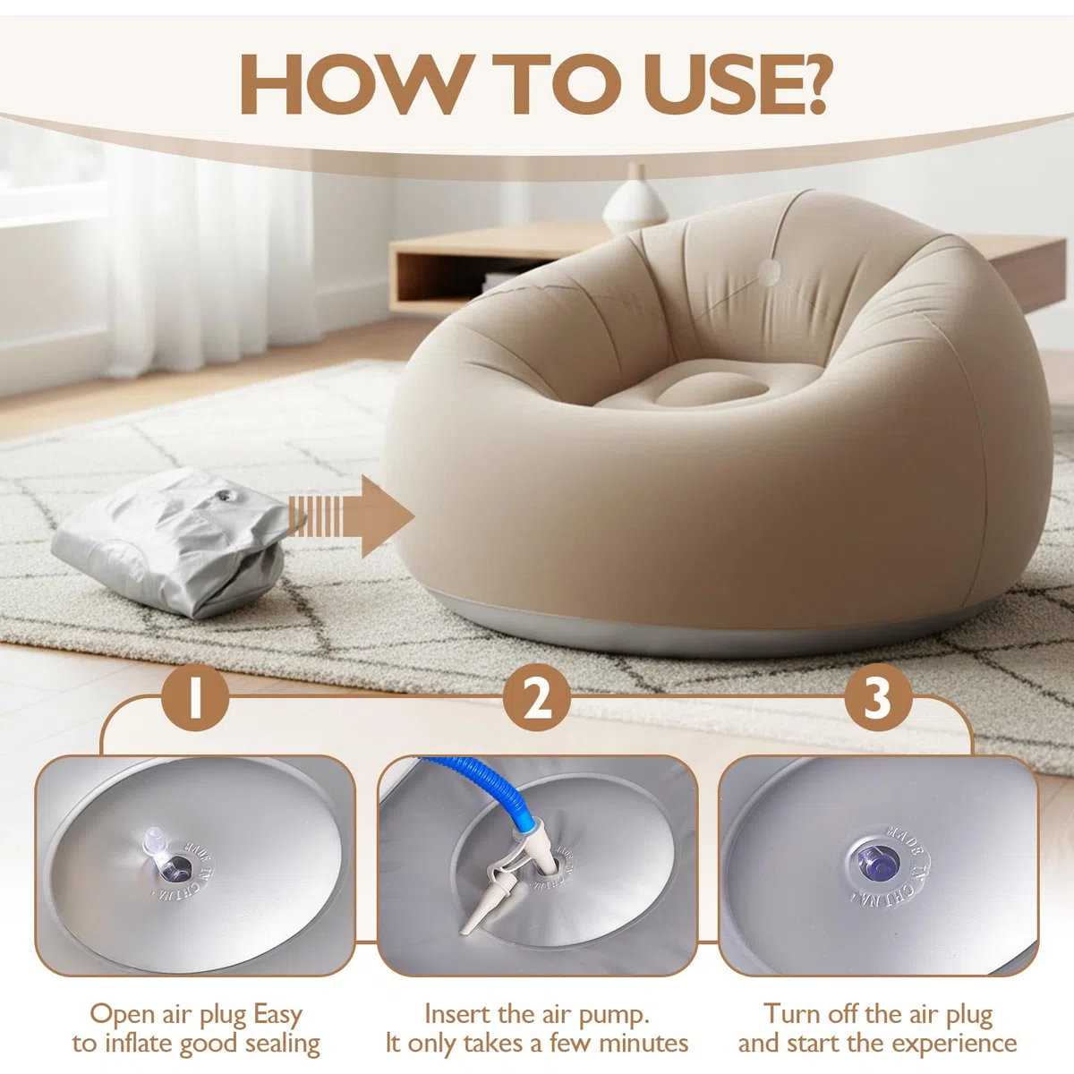 Silla Sofá Inflable, Puf Hinchable con una Bomba, Asiento Hinchable Tumbona Gaming, Sofá de Aire para Dormitorio, portátil, Plegable, para Camping, jardín, Playa, Interior y Exterior