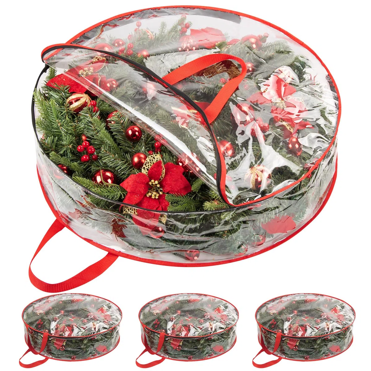 Paquete de 3 bolsas de almacenamiento para coronas de Navidad, 76 x 20 cm, organizador redondo grande de decoración navideña, PVC transparente con doble cremallera, contenedor de almacenamiento
