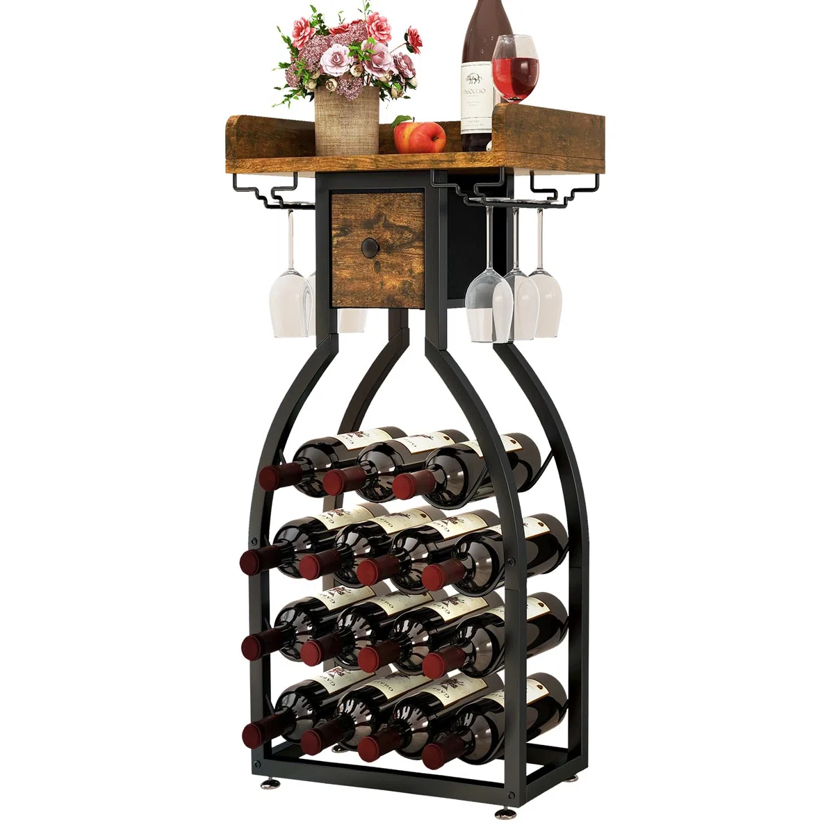 Botellero independiente IBUYKE para 15 botellas, con soporte de cristal y cajón de almacenamiento, mini estantería, para cocina, bar y comedor, marrón rústico TMJ908H