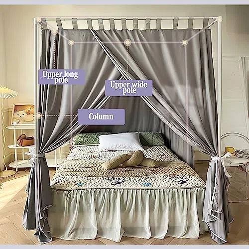 Elegante Marco de Cama con Dosel de Cortina, Cortina acogedora, Marco de Dosel con Cortina de 4 Esquinas, Cortina de Cama con Dosel para Adultos, Gris, Completo