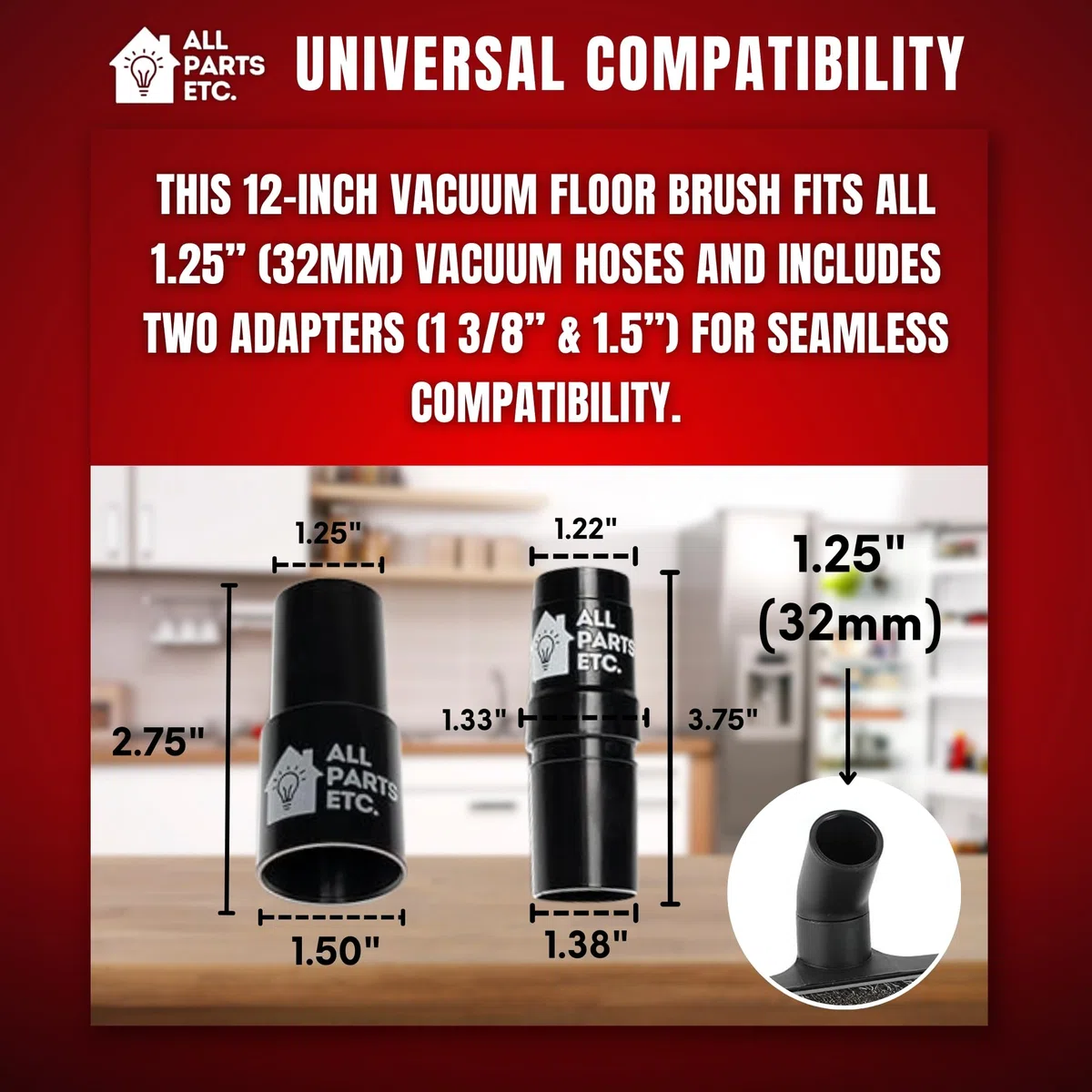 Accesorio de cepillo de suelo para vacío, cepillo de 12 pulgadas para accesorios de aspiradora de 1.25 pulgadas con dos adaptadores para 1 3/8 pulgadas y 1.5 pulgadas, compatibilidad