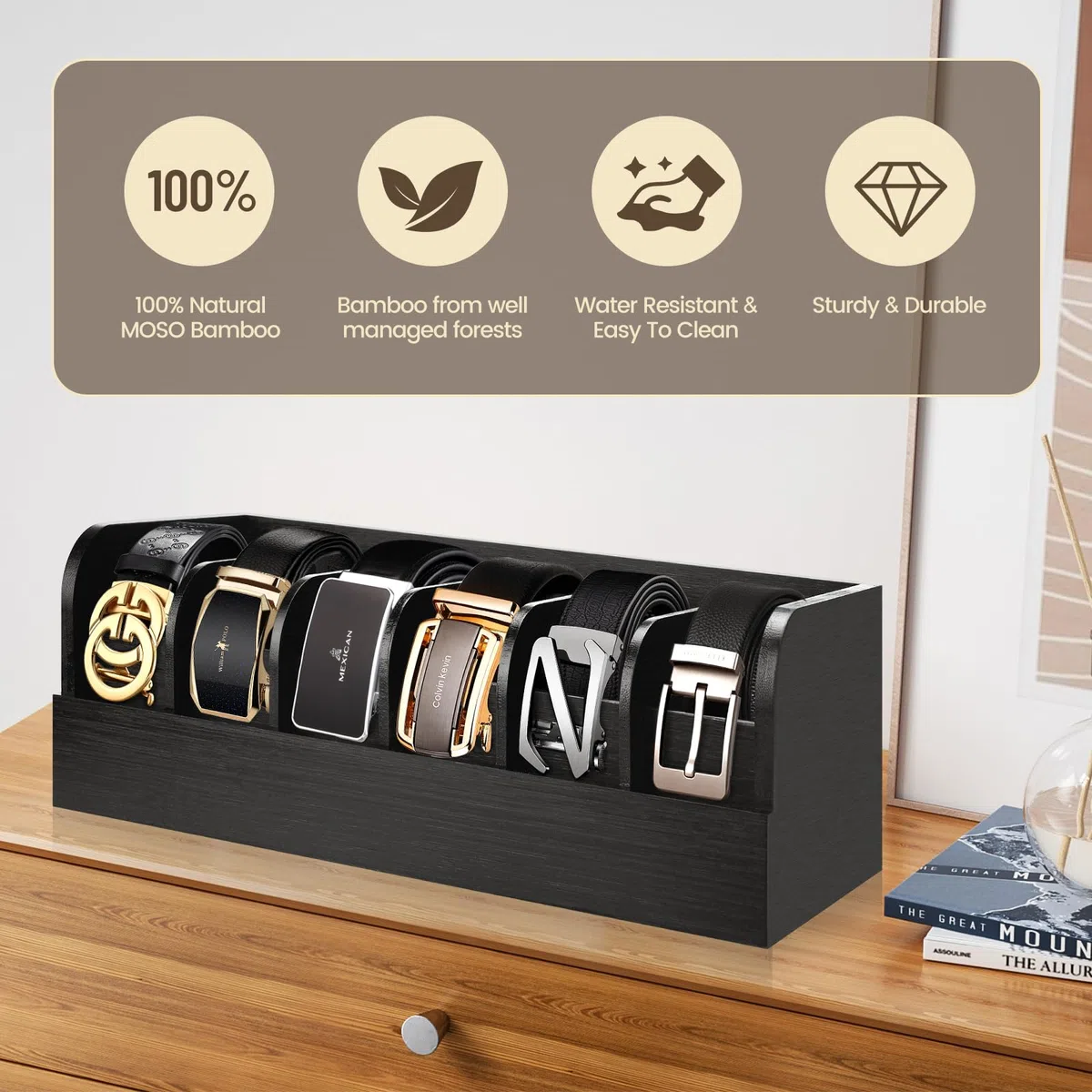 Organizador Cinturones,Organizador de Cinturones,6 Compartimentos,Caja Organizadora de Cinturón para hombre,Adecuado para Armarios y cajones,Contenedor Natural Relojes Hombres y Mujeres