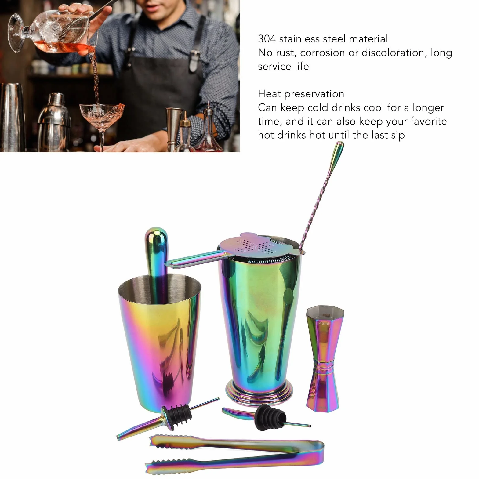 Juego de Coctelera de Acero Inoxidable, Kit de Barman de Mixología, Juego de Coctelera de Bar, Juego de Coctelera de Alcohol, Coctelera de Preservación del Calor, Juego de Jigger para Bar Restaurante