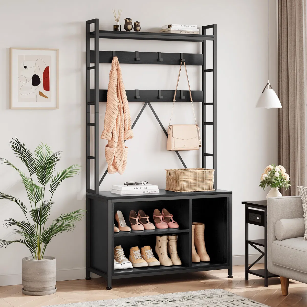 GarveeHome Perchero de recibidor 5 en 1 con banco zapatero, estantes, 17 ganchos y cajones – Organizador independiente de madera de diseño industrial – Ideal para entrada, pasillo o dormitorio – negro
