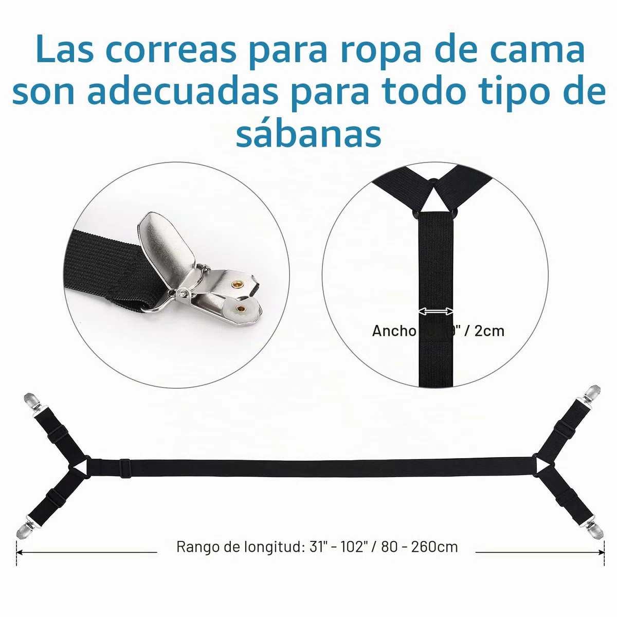 WADEO 2 Soportes Cruzados Ajustables para sábanas de Cama, Sujetadores, Clips de sujeción, Correas de Tirantes, adecuados para Todos los colchones Cuadrados (Paquete de 2, Negro)