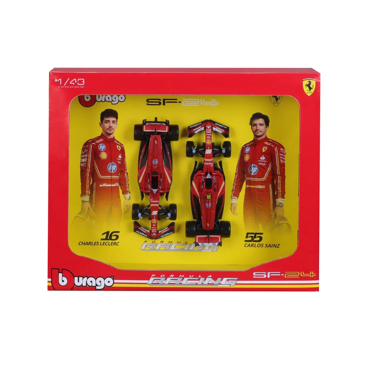 Bburago - Ferrari SF-24 F1 Imola Livery 2024 Leclerc #16 y Sainz #55, Set de 2 Coches Diecast a Escala 1:43, Caja Expositora, Licencia Oficial Ferrari, Edad Recomendada 14+ Años