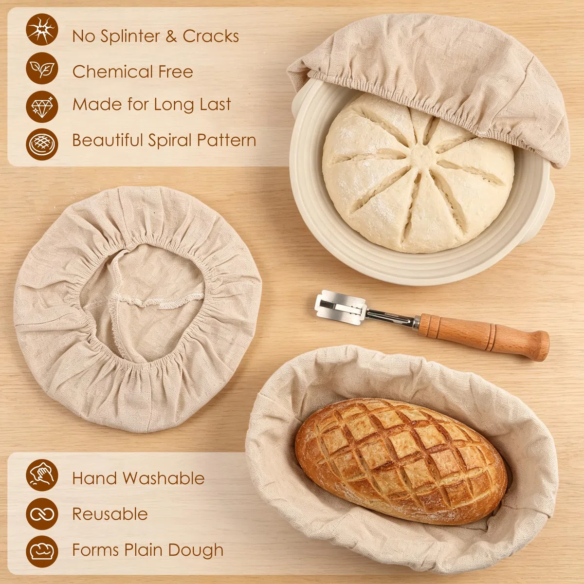 FIVAVA Cesta de Fermentación para Pan, 25 cm Redondas y 24 cm Ovaladas Banneton Cestas para Pan de Silicona,con Cuchillo de pan,Batidor de Masa