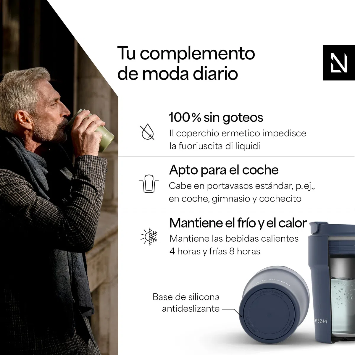 LARS NYSØM Taza térmica café para llevar 380ml | Travel Mug 0,38 L con aislante | Base de silicona antideslizante | Travel Mug de Acero Inoxidable para Café y Té (Midnight Blue - Powder, 380ml)