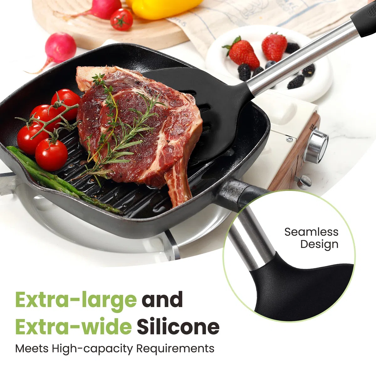 Juego de utensilios de cocina grandes, juego de 35 espátulas con soporte, juego de utensilios de cocina de silicona con mango de acero inoxidable, rallador de queso, tijeras, cuchara de helado,