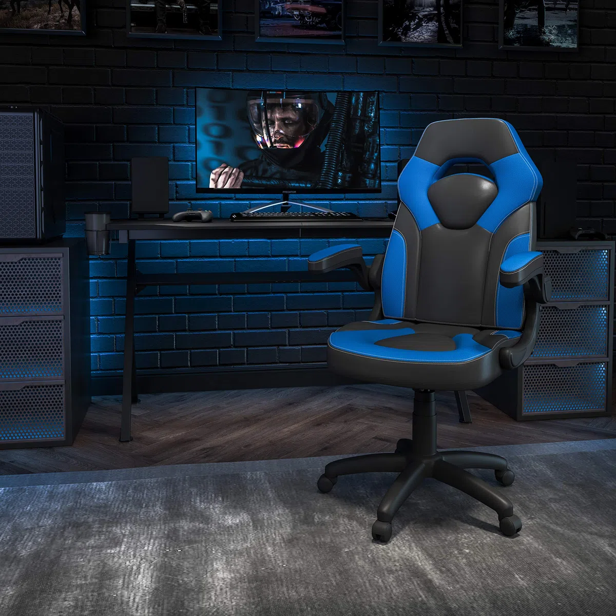Flash Furniture Revestimiento Flash Sillas de Carreras, Ajustable, Plástico Poliuretano Espuma Malla Madera Técnica, Blau, Pack de 1