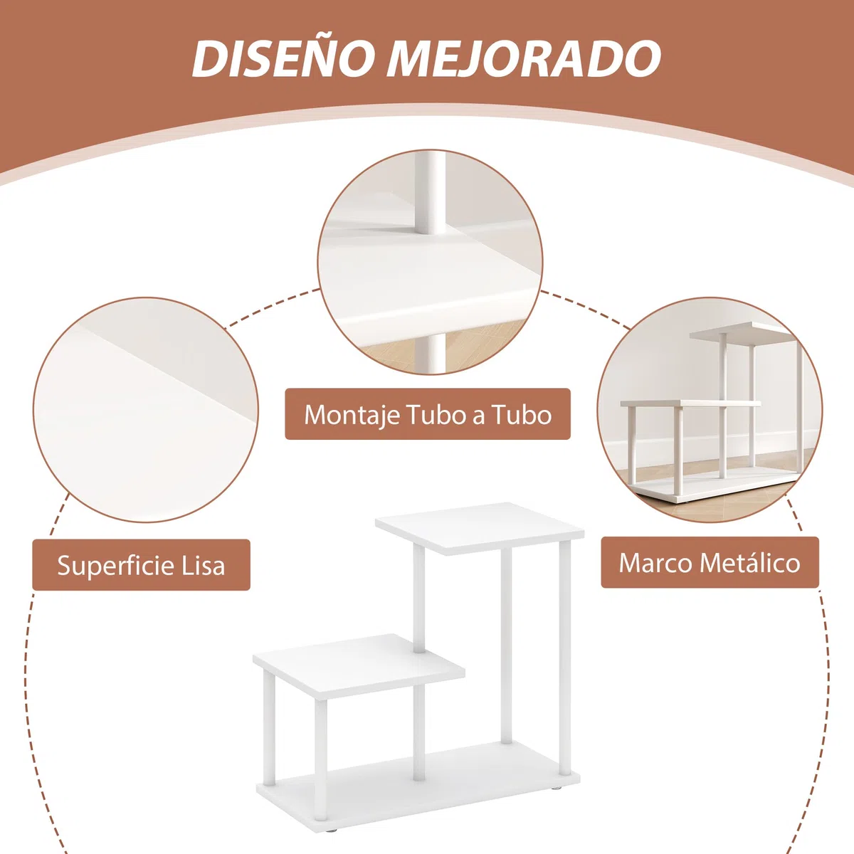 HOMCOM Estantería Efecto Madera Estantería Librería de 3 Niveles Estilo Moderna con Estructura de Metal Estante de Almacenamiento para Escritorio Oficina Cocina 40x20x34,5 cm Blanco