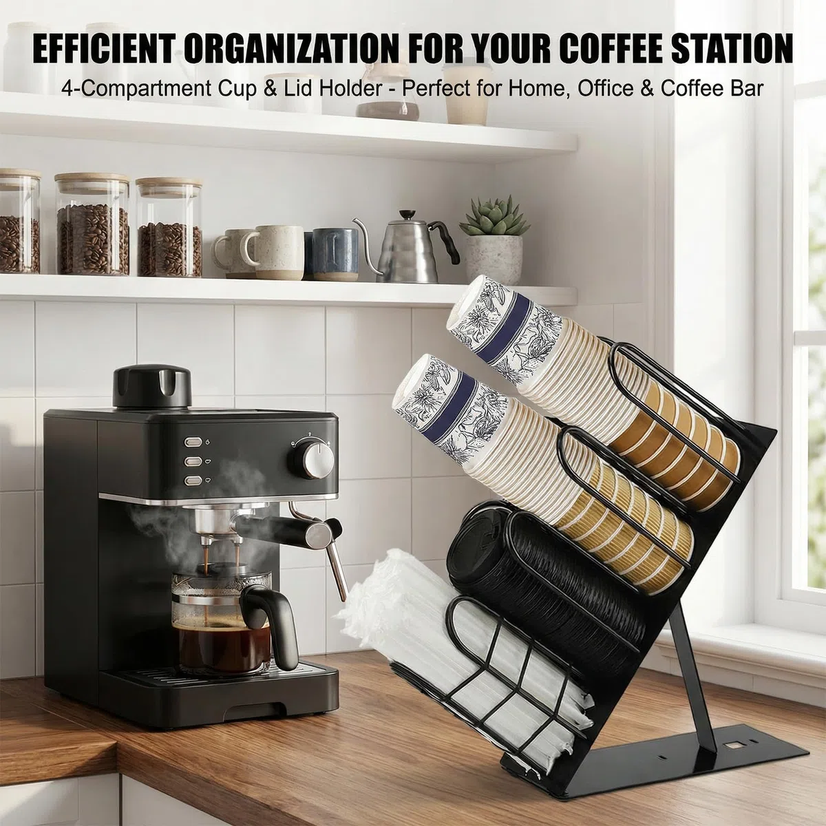Soporte Vasos Desechables con Soporte para Tapas y Pajitas Organizador Café Ajustable Organizador Vasos para Encimera de Cocina Oficina y Bar