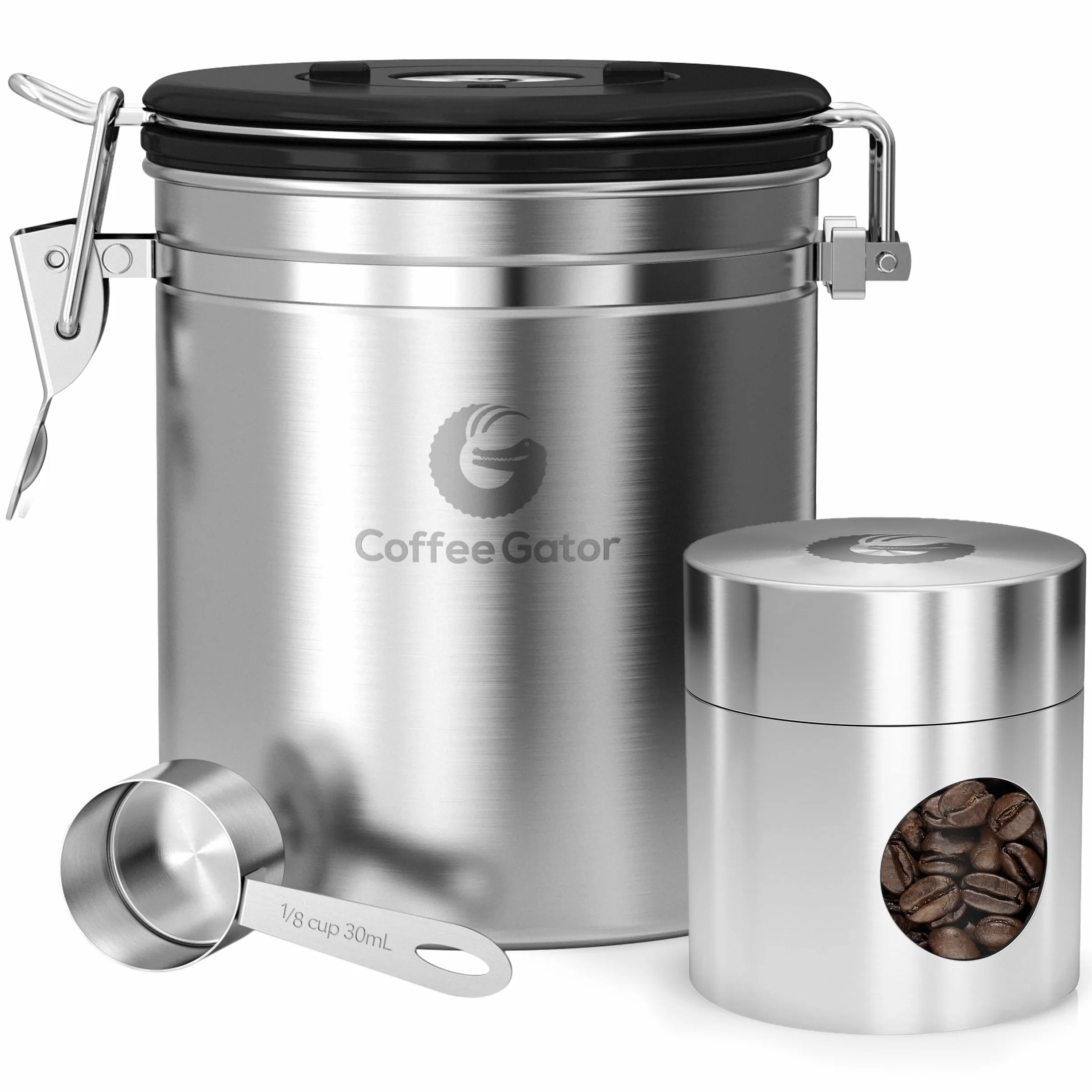 Coffee Gator - Recipiente para conservar el sabor, con rastreador de fecha, válvula de liberación de CO2 y cuchara, tamaño mediano