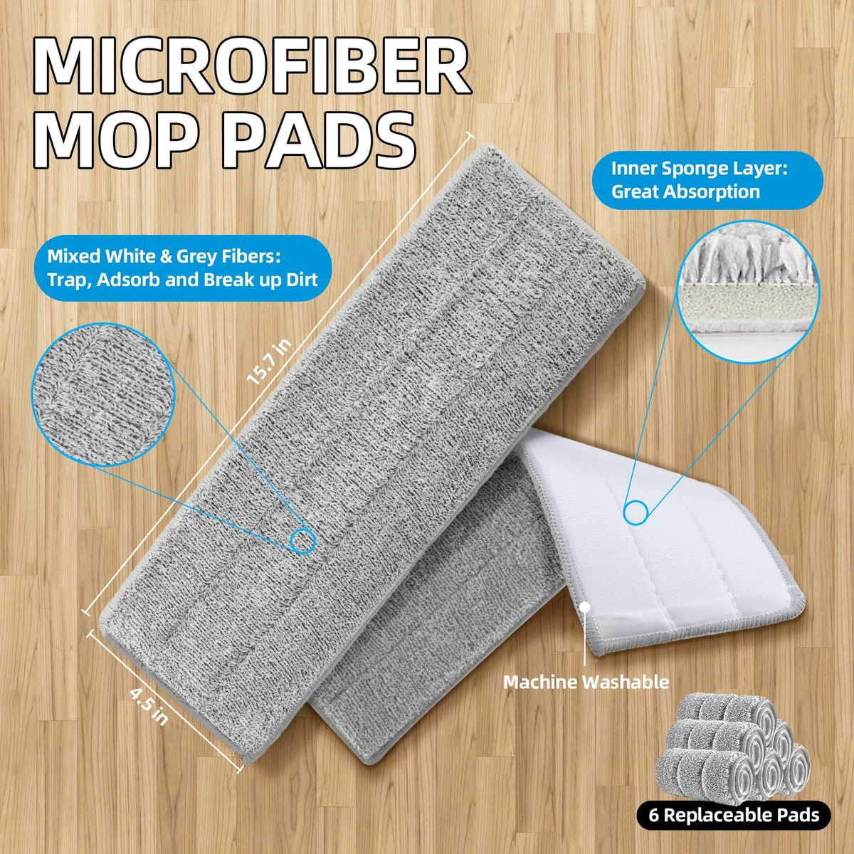 Juego de fregona y cubo con escurridor para el hogar, fregonas planas y cubo para limpieza de suelos, 6 almohadillas de microfibra reutilizables, sistema de limpieza de suelos del hogar, para