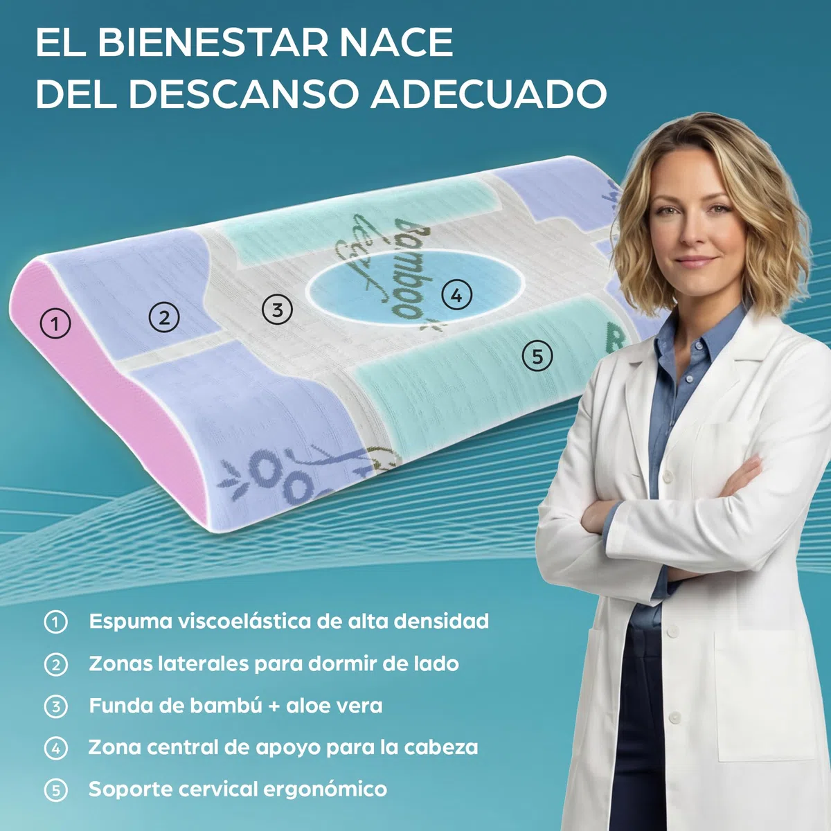 Flowen Almohada Cervical y Cuello Viscoelastica Cojin Ortopédico para Dormir Antiácaros Antialérgico y Transpirable Ideal para Dolores de Cuello Forro en Bamboo Antibacteriano Extraíble y Lavable